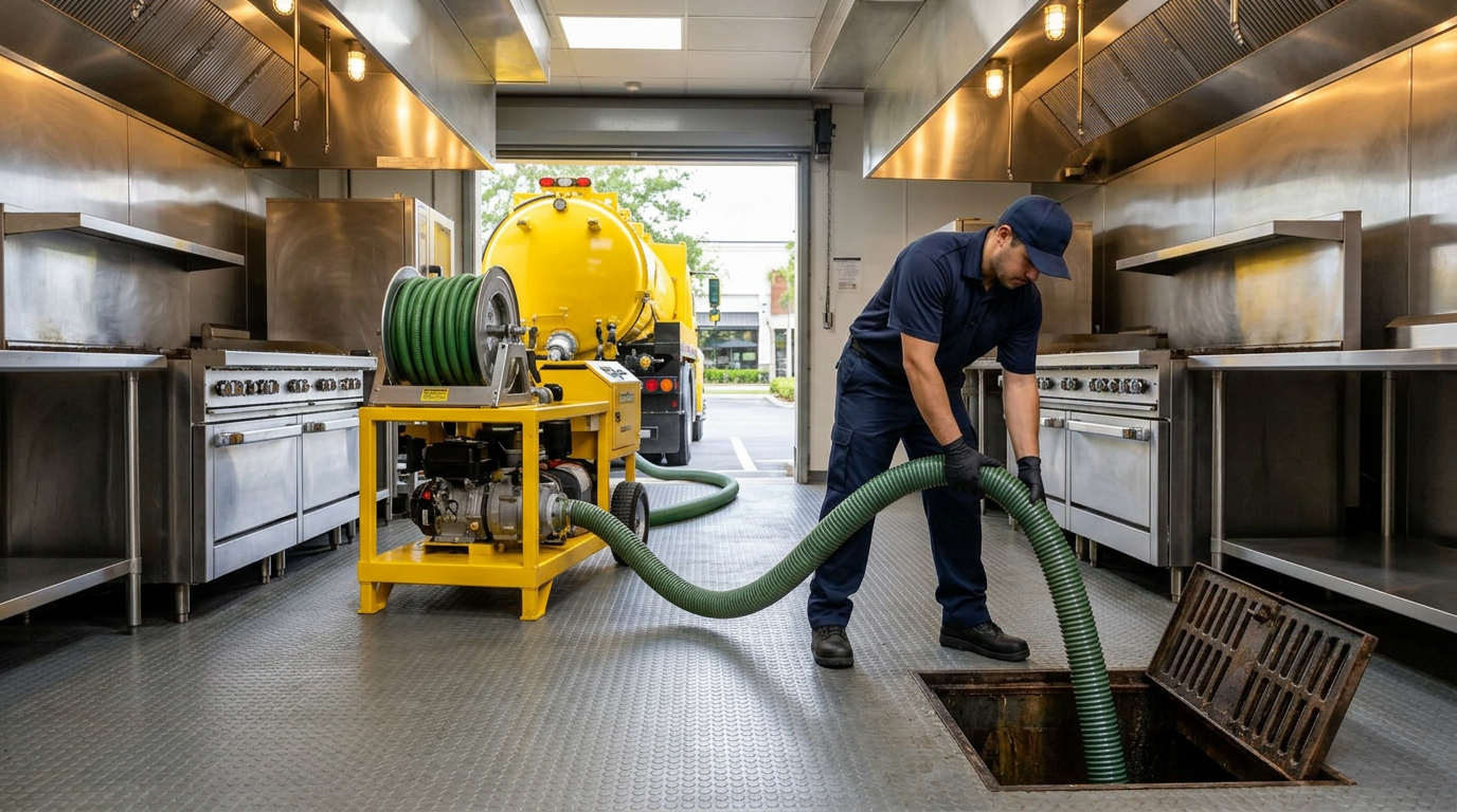 Technician pumping out a grease trap inside a commercial restaurant kitchen